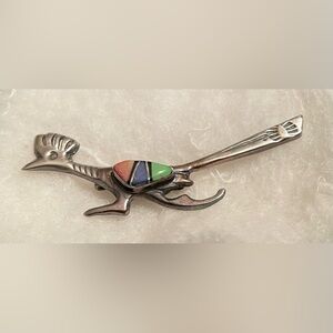 Vintage Navajo Sterling Silver Roadrunner Pin - Lapis, Turquoise & Oyster - NEW